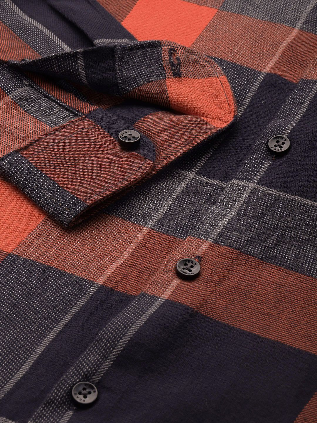 THE BEAR HOUSE Men Orange & Navy Blue Pure Cotton Slim Fit Buffalo Checked Casual Shirt