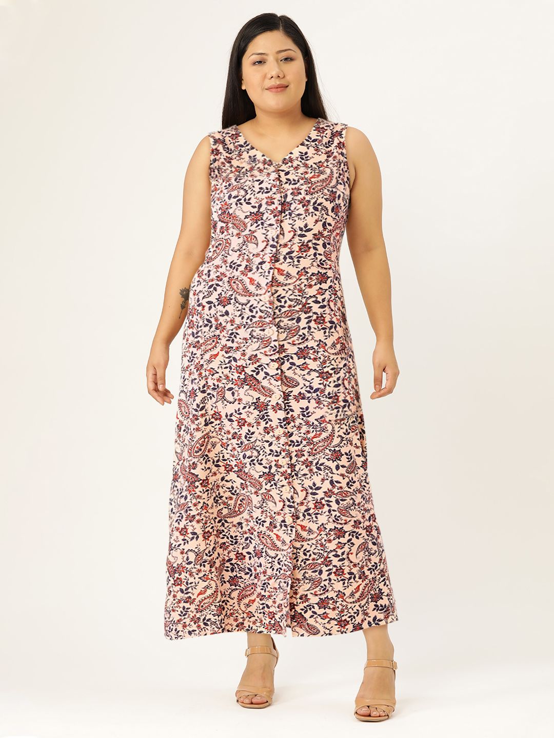 DressBerry Pink & Navy Blue Floral Printed Maxi Dress