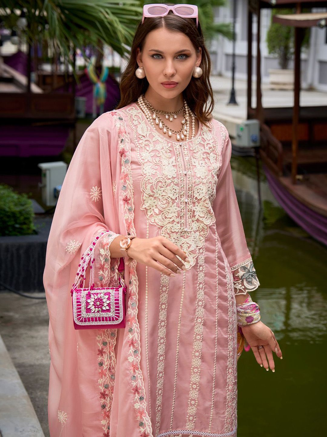 Indo Era Floral Embroidered Sequinned Straight Kurta with Trouser & Dupatta