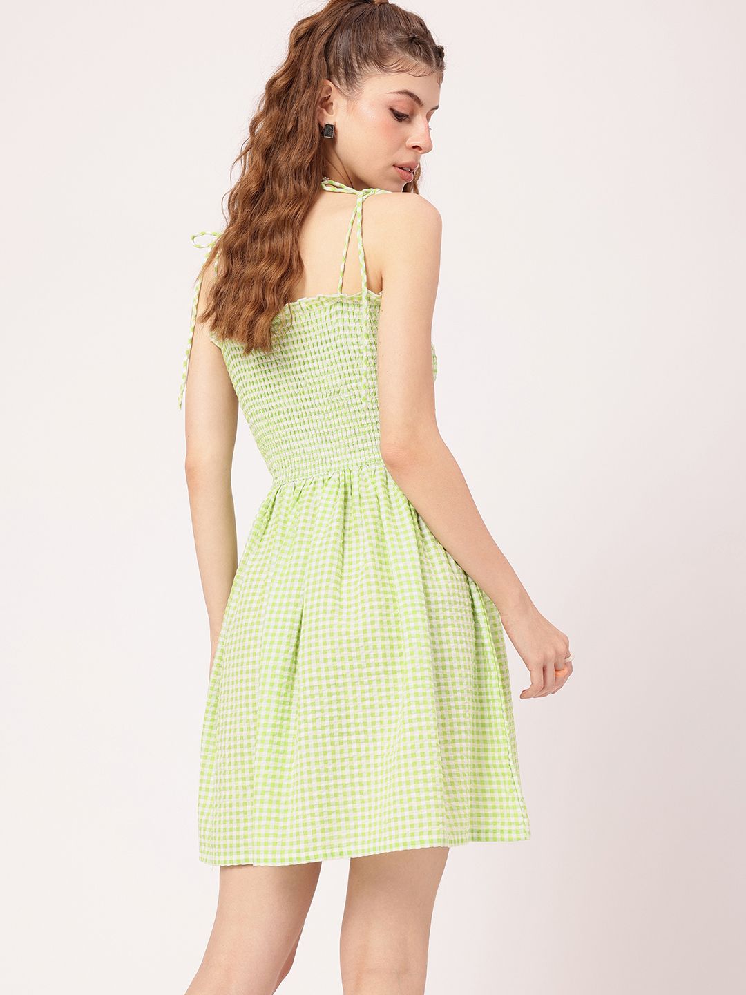 DressBerry Playful Bodice Smocked Tie-Up Straps Seersucker Checked A-line Dress