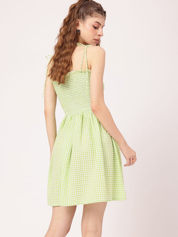 DressBerry Playful Bodice Smocked Tie-Up Straps Seersucker Checked A-line Dress