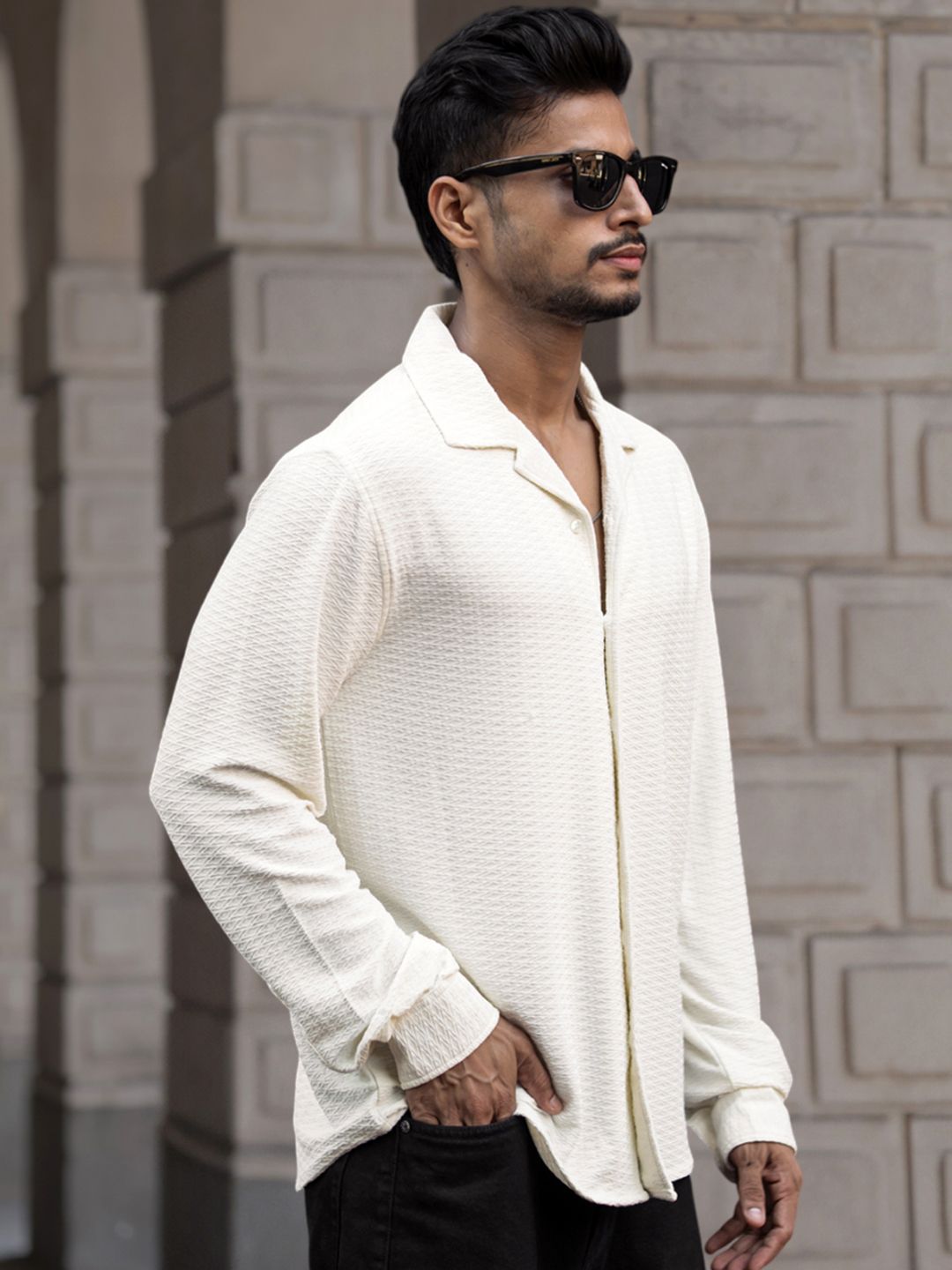 Powerlook Men Cuban Collar Textured Relaxed Fit Casual Shirt