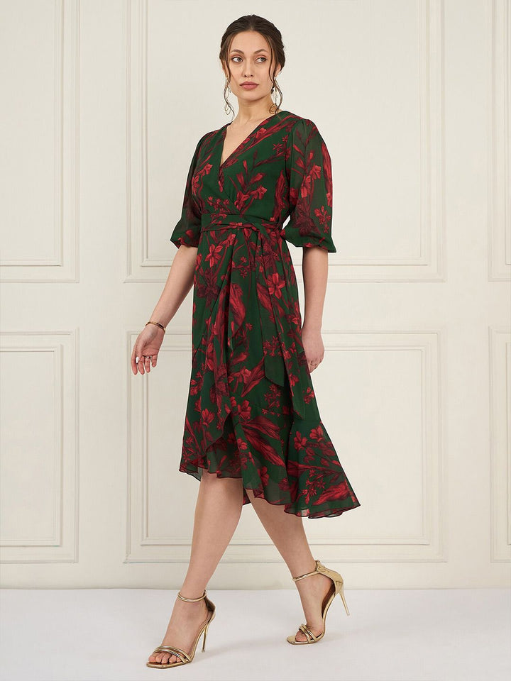Antheaa Floral Printed Asymmetric Layered Georgette Wrap Midi Dress