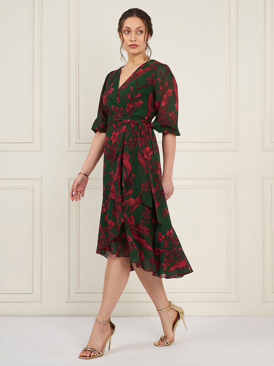 Antheaa Floral Printed Asymmetric Layered Georgette Wrap Midi Dress