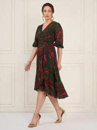 Antheaa Floral Printed Asymmetric Layered Georgette Wrap Midi Dress
