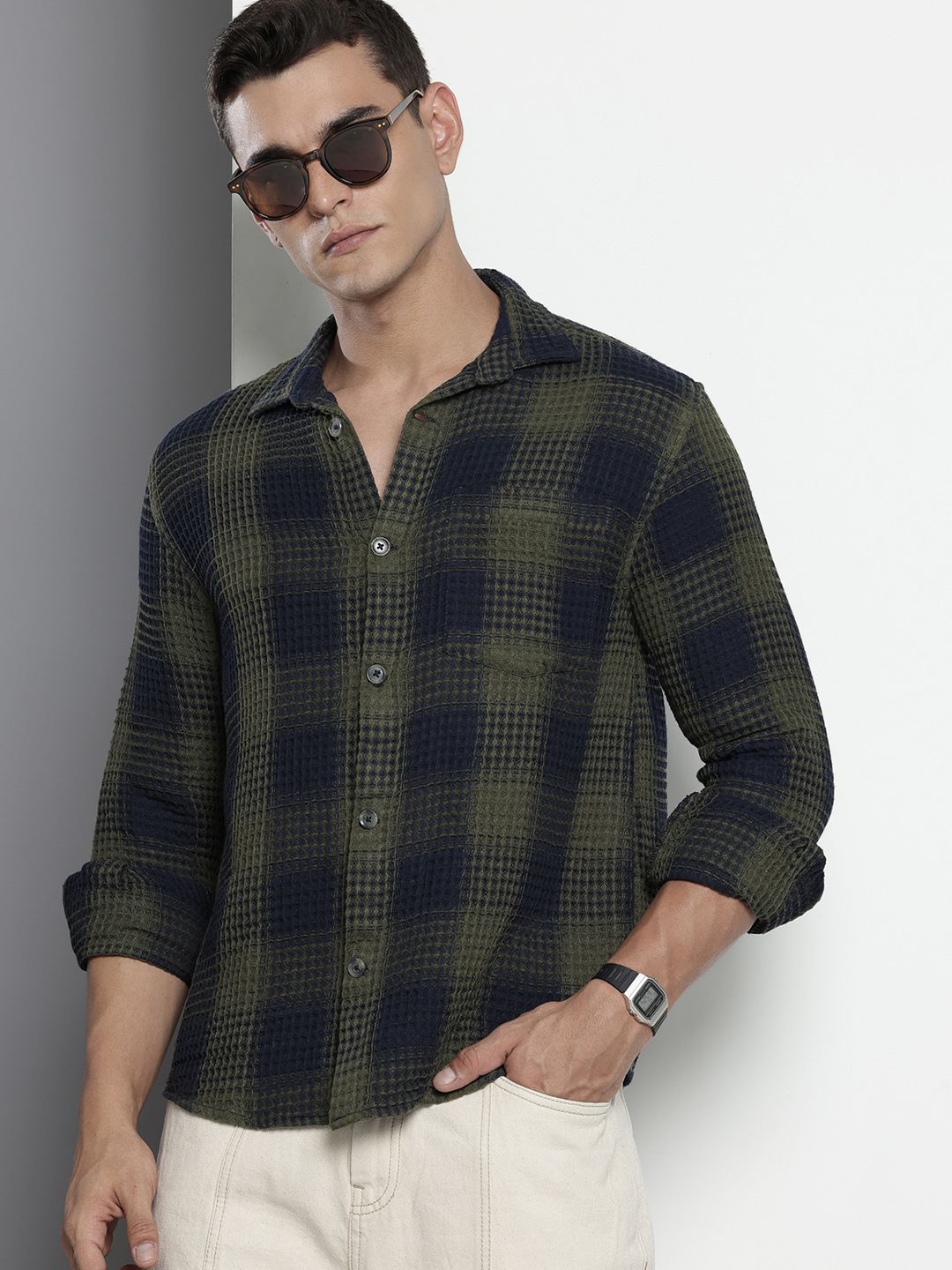 The Indian Garage Co. Relaxed Fit  Opaque Checked Textured Casual Shirt
