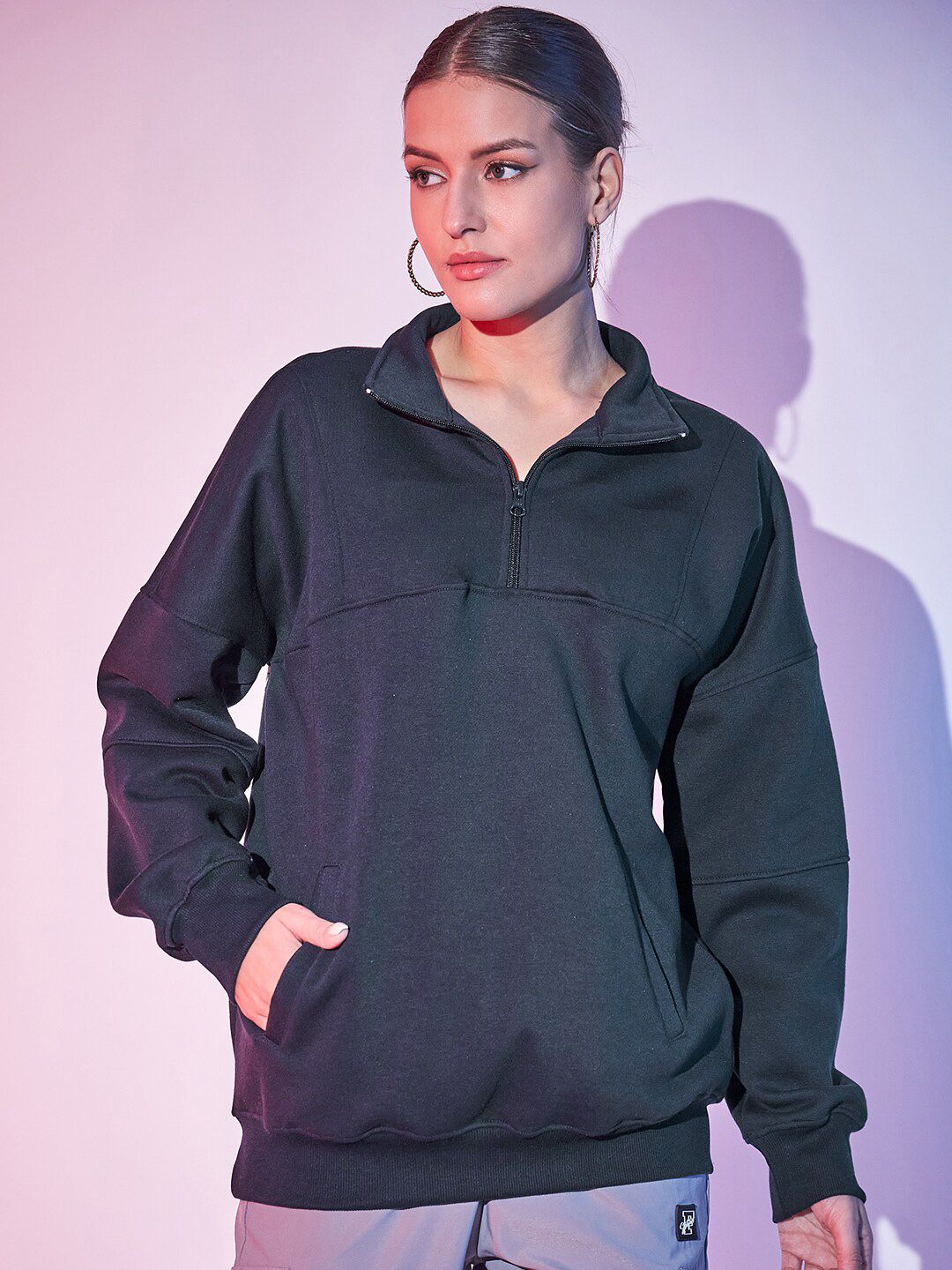 STREET 9 Typography Printed Mock Collar Half Zipper Fleece & Cotton Pullover Sweatshirt