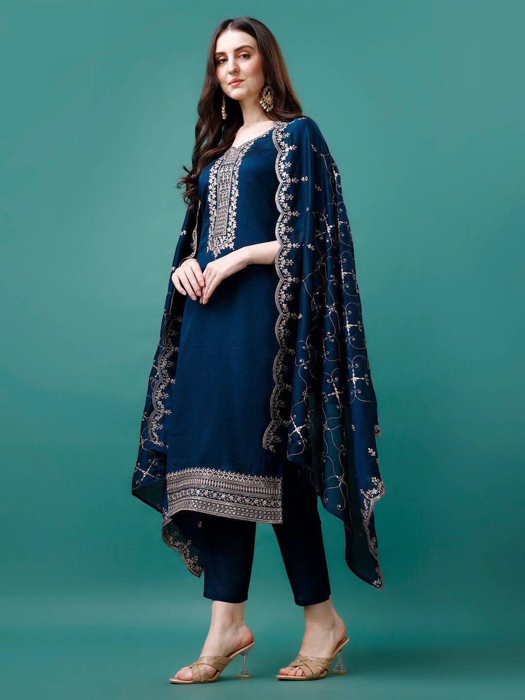 KALINI Ethnic Motifs Sequinned Embroidered V-Neck kurta With Pant & Dupatta