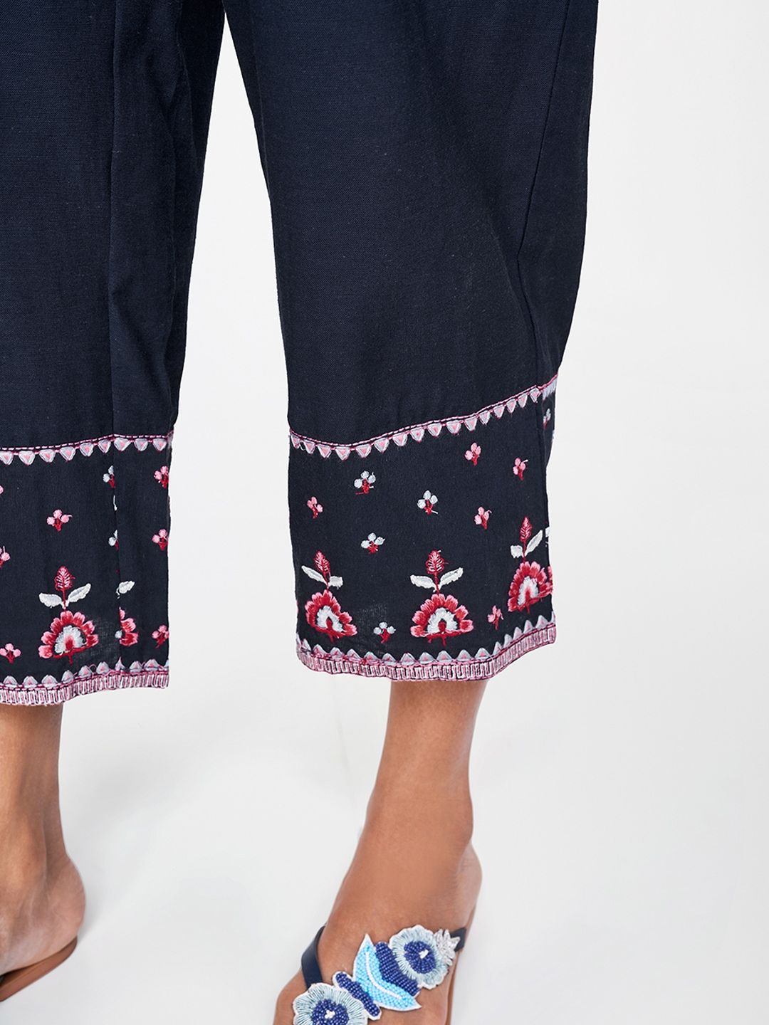 Global Desi Women Navy Blue Regular Fit Embroidered Culottes