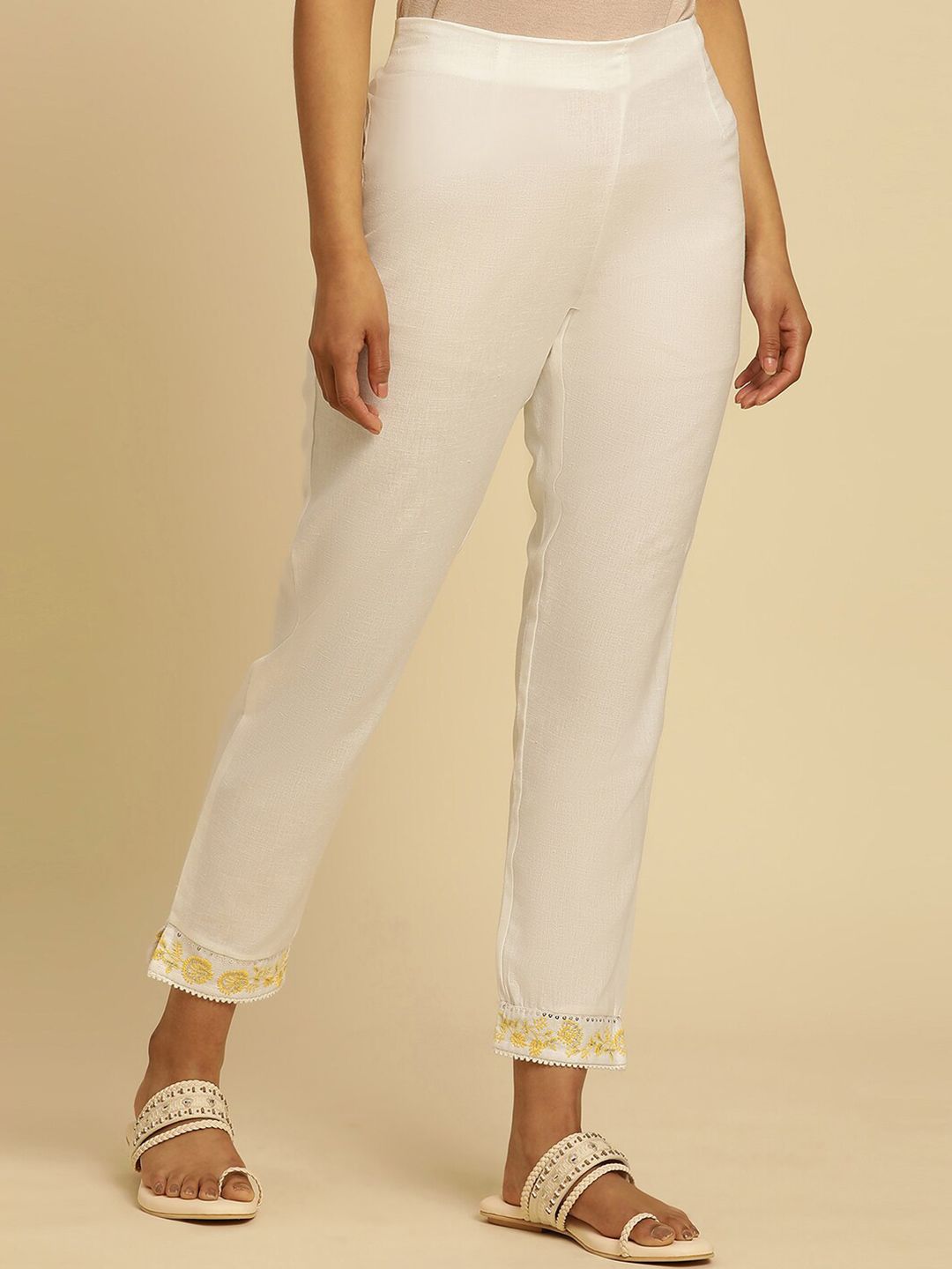 W Women White Straight Fit Cropped Ethnic Trouser