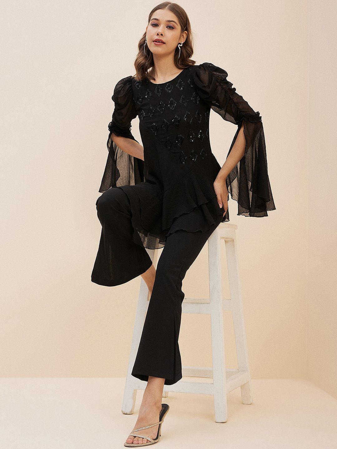 Antheaa Black Embellished Top With Trousers