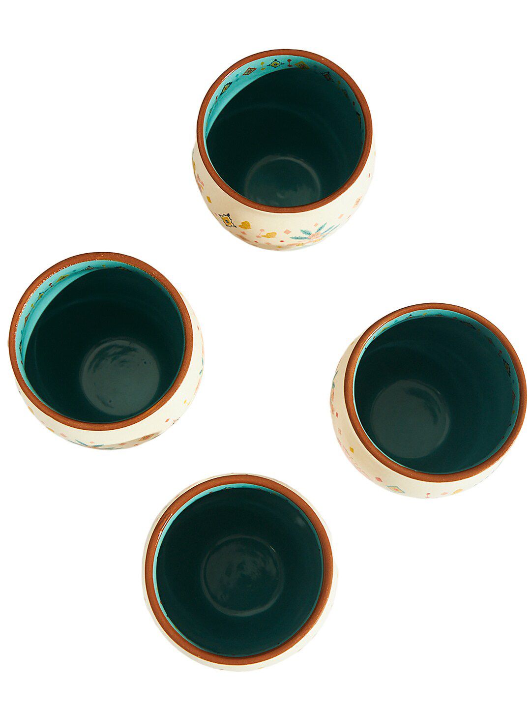 Chumbak Cream-Coloured & Green 4-Pieces Floral Printed Ceramic Glossy Cups 200 ml Each
