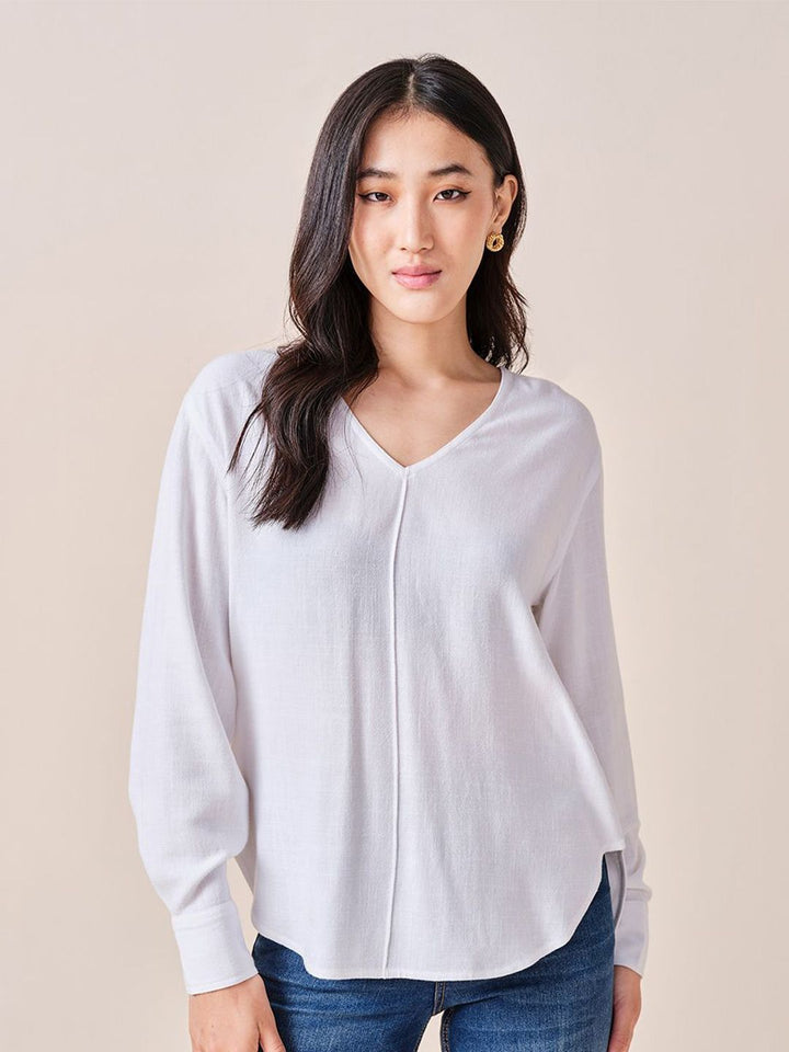 AND Women Solid V-Neck Long Sleeve Top