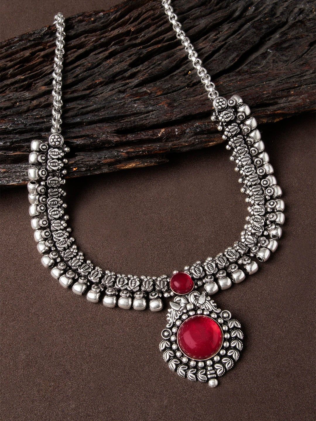 Rubans Oxidised Silver-Plated Ruby Red Stone Studded Antique Statement Necklace