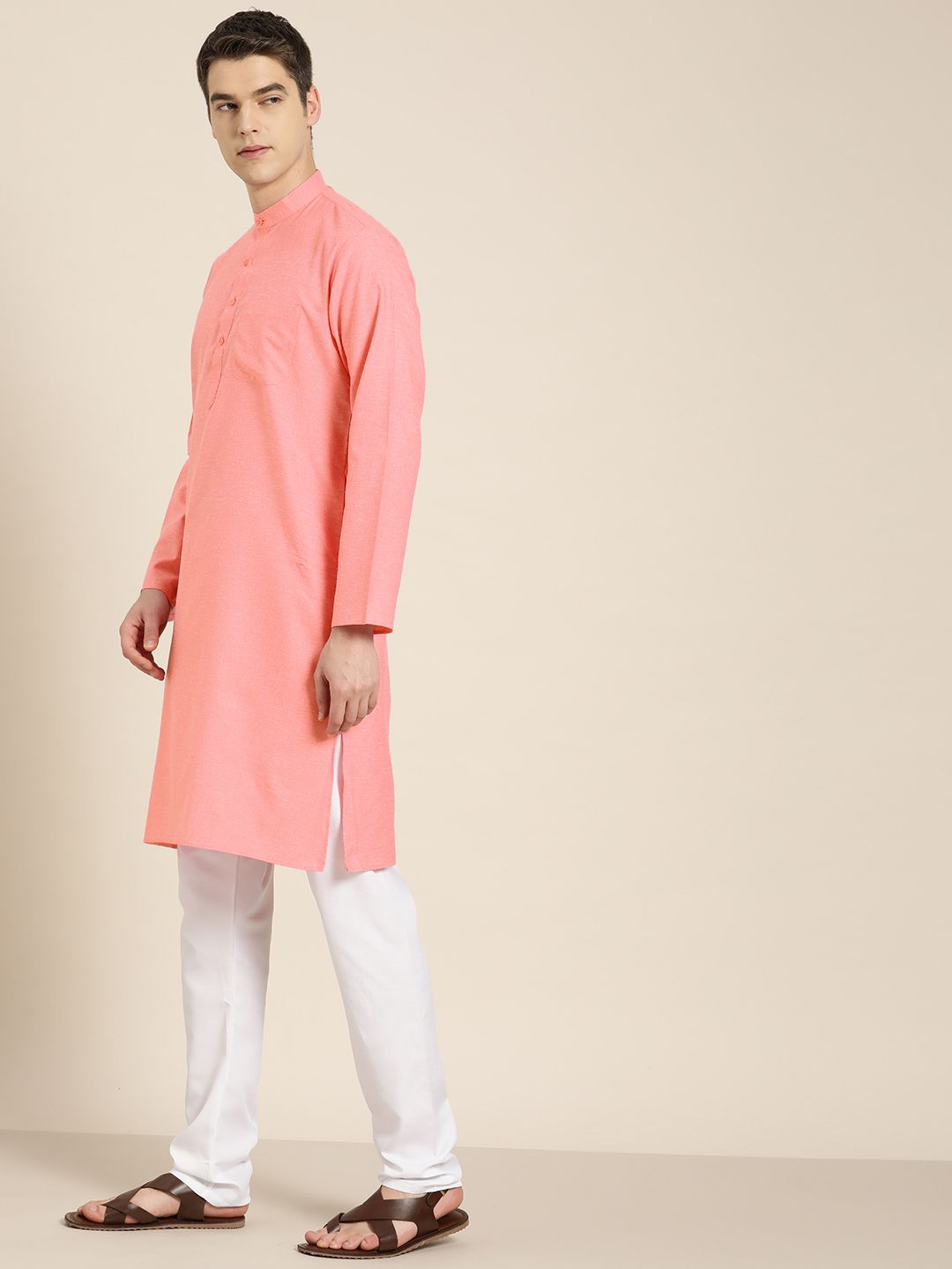 SOJANYA Lelaki Band Collar Cotton Linen Kurta