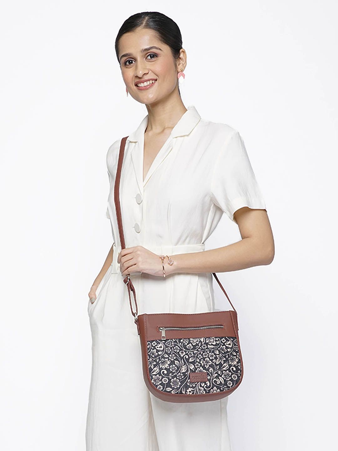 ZOUK Women Black & Brown Floral Printed Structured Sling Bag