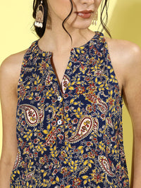 DressBerry Women Deep Navy Blue Floral Paisley Top