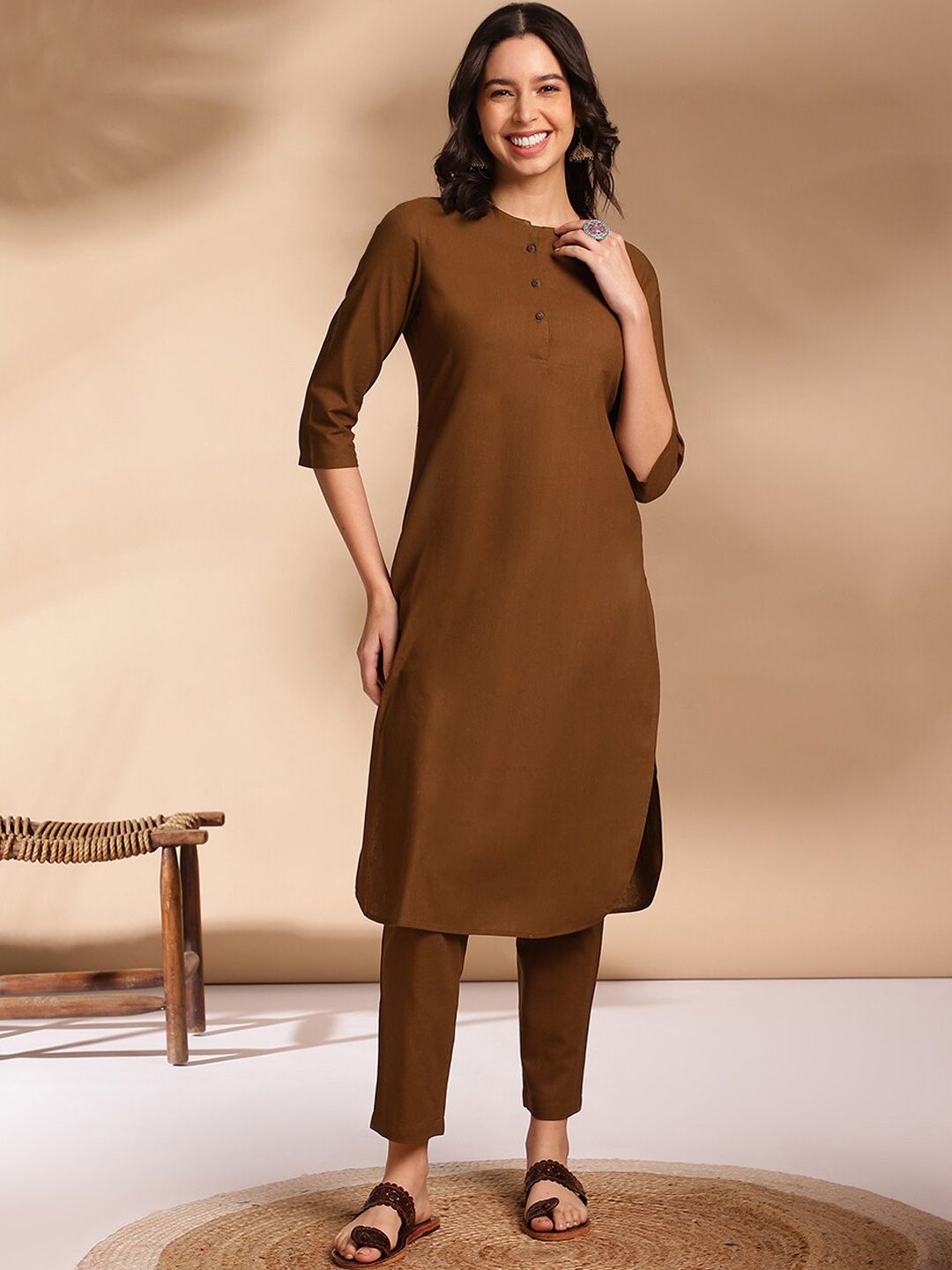 Anouk Olive Round Neck Straight Curved Pleated Kurta With Trouser