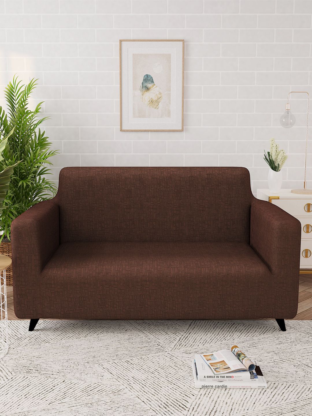 Story@home Brown Printed 2 Seater Stretchable Sofa Cover With Arms
