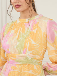 Antheaa Floral Printed Pleated Puff Sleeves Tiered Chiffon Fit & Flare Midi Dress