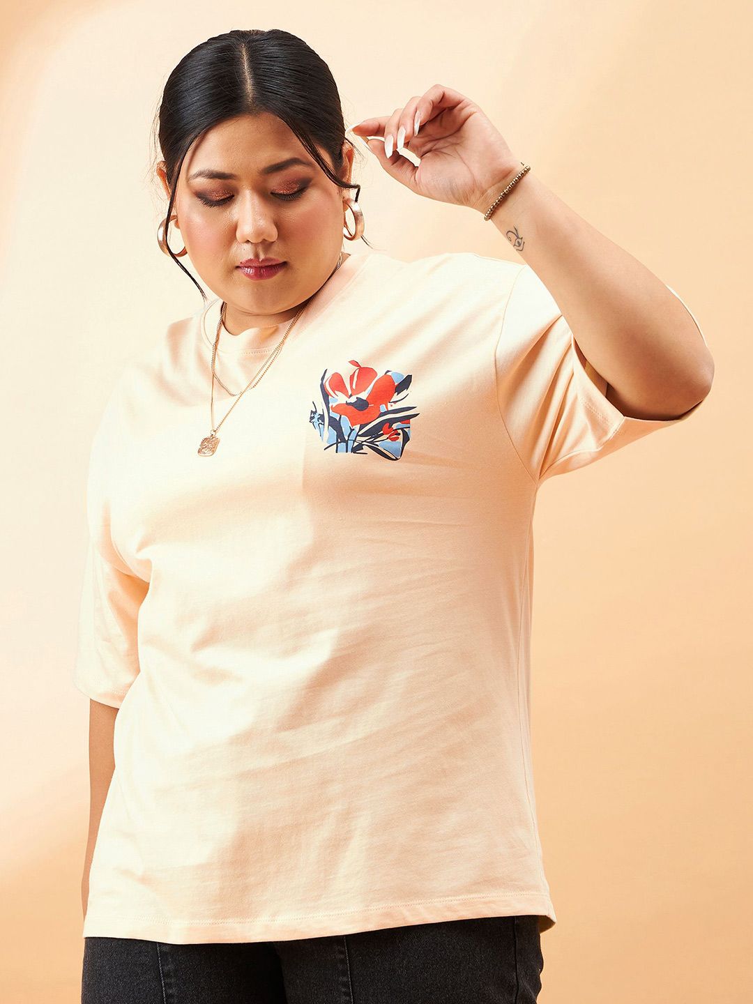 SASSAFRAS Curve Plus Size Floral Printed Pure Cotton Relaxed Fit T-shirt