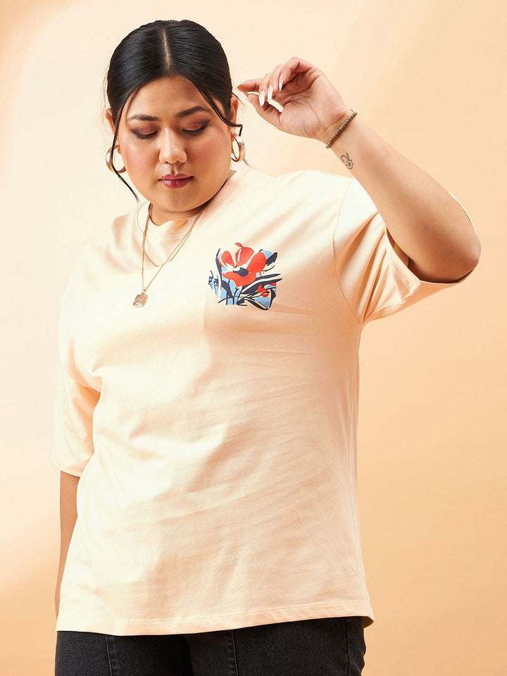 SASSAFRAS Curve Plus Size Floral Printed Pure Cotton Relaxed Fit T-shirt
