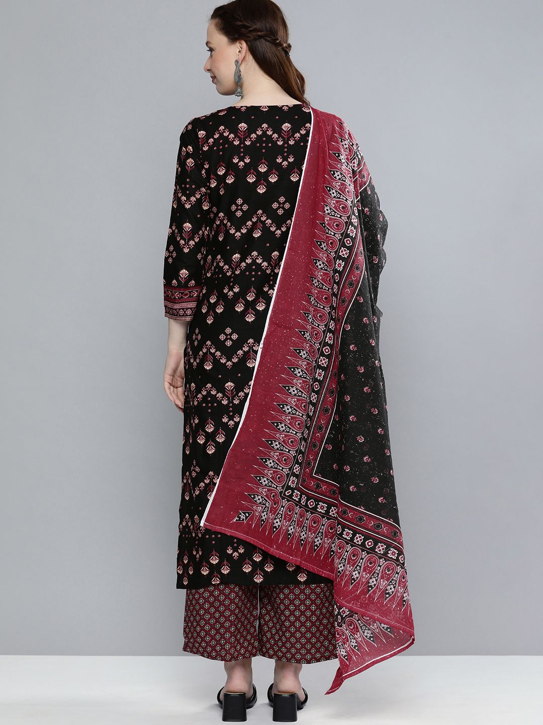Vishudh Women Black & Red Printed Kurta with Palazzos & Dupatta