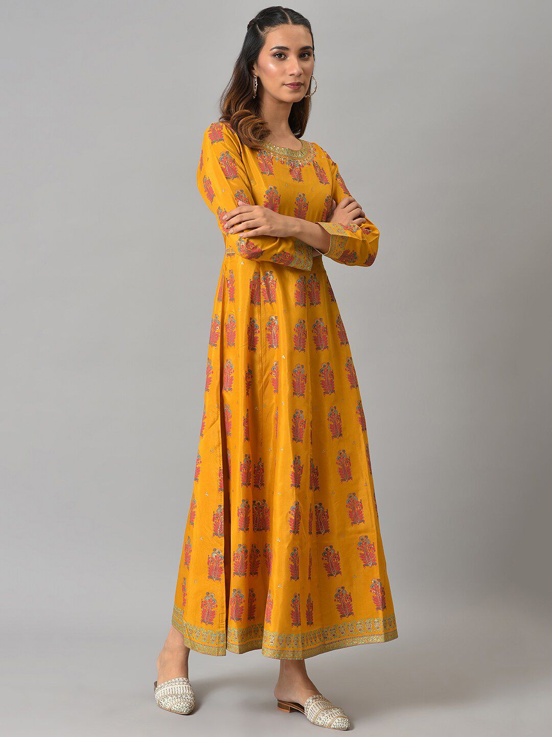 W Yellow Ethnic Motifs Printed Maxi Ethnic Dress