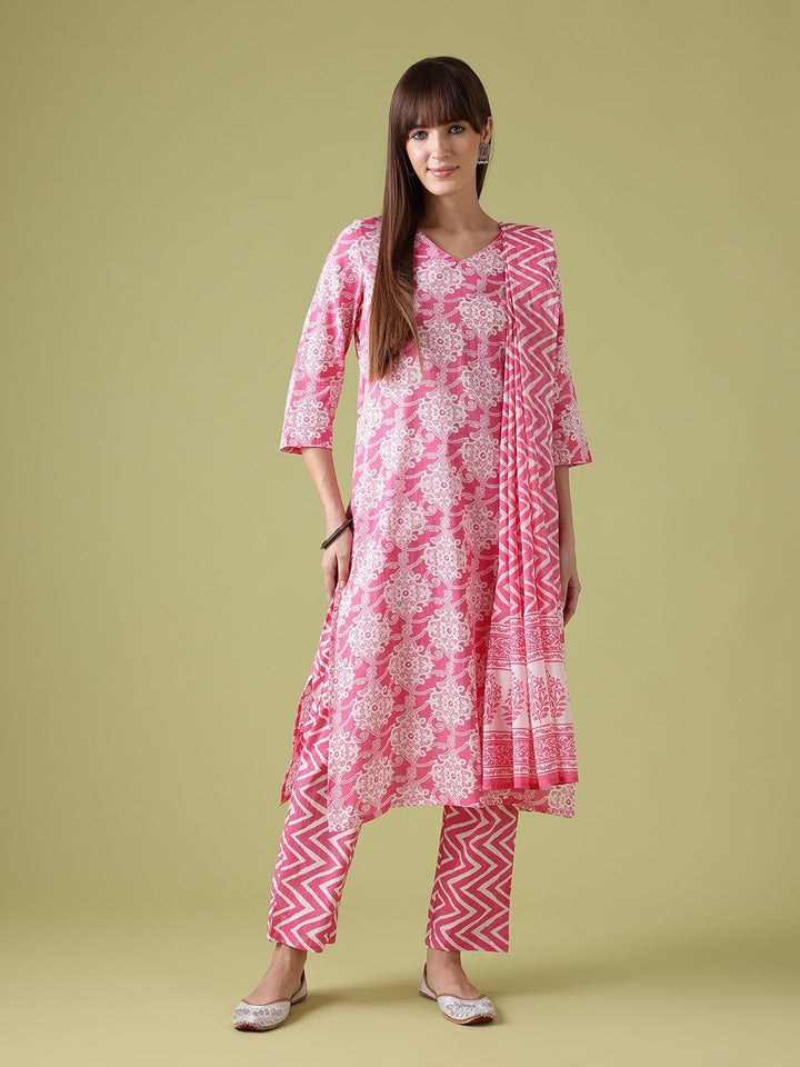 Anouk Floral Printed Pure Cotton Straight Kurta with Trousers & Dupatta