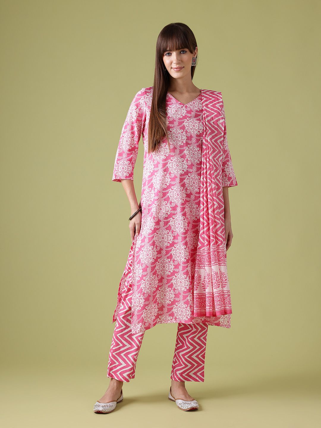 Anouk Floral Printed Pure Cotton Straight Kurta with Trousers & Dupatta