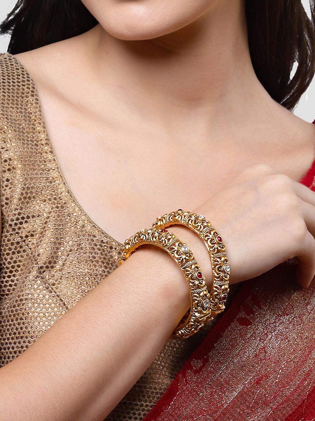 KARATCART Set Of 2 Gold-Plated White & Red Kundan-Studded Temple Bangles
