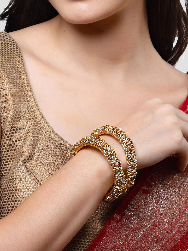 KARATCART Set Of 2 Gold-Plated White & Red Kundan-Studded Temple Bangles