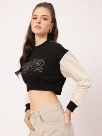 DressBerry Typo Print Contrast Sleeves Crop Sweatshirt