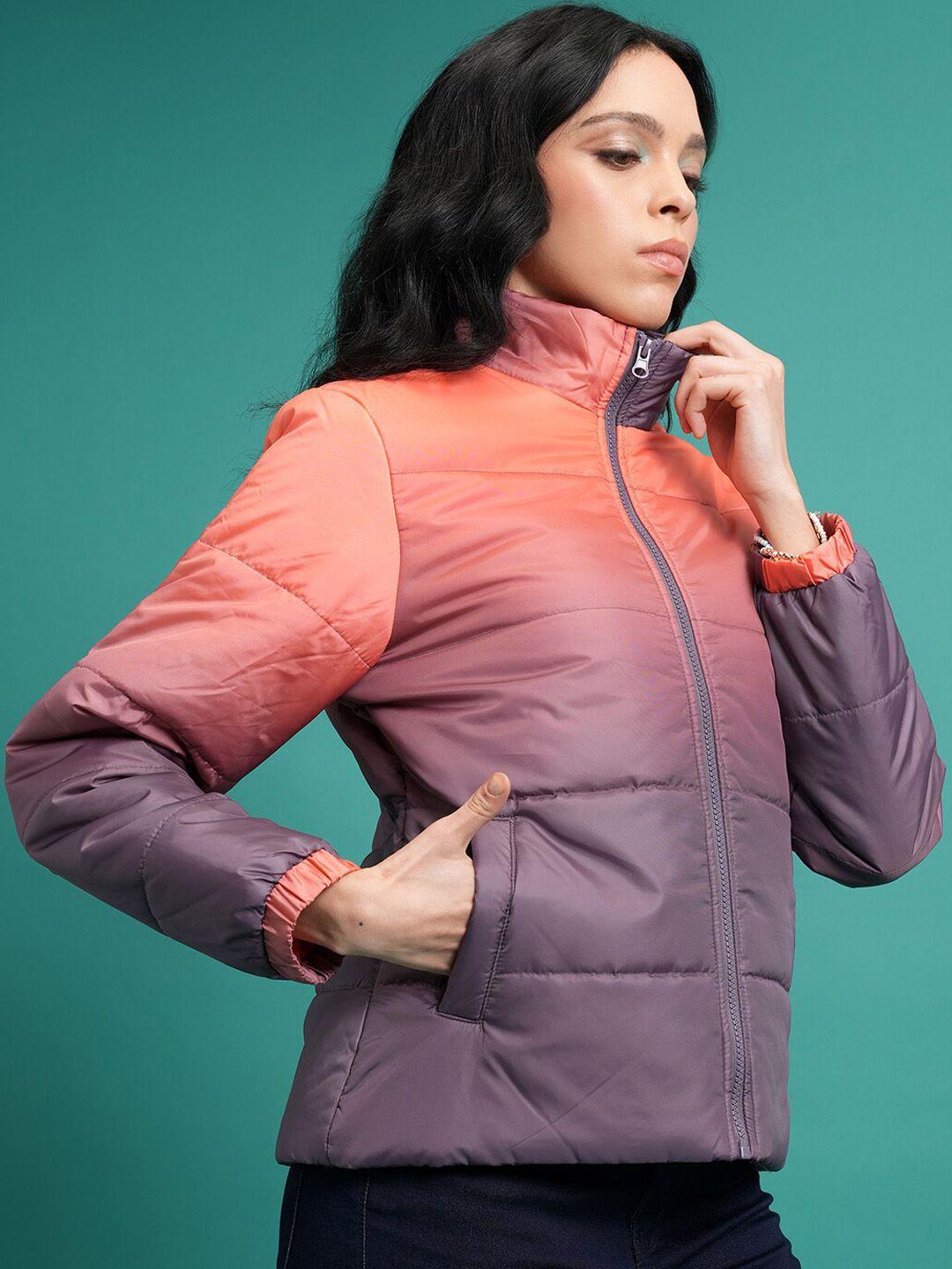 Tokyo Talkies Black & Orange-Coloured Colourblocked Mock Collar Puffer Jacket