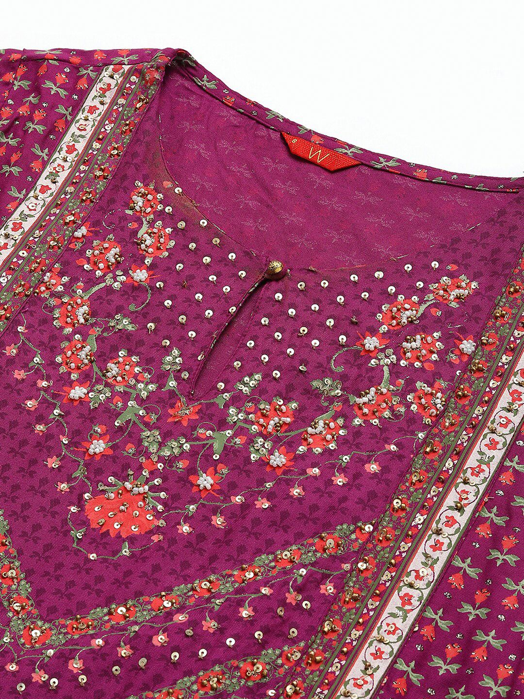 W Purple & Pink Floral Keyhole Neck Ethnic A-Line Midi Dress