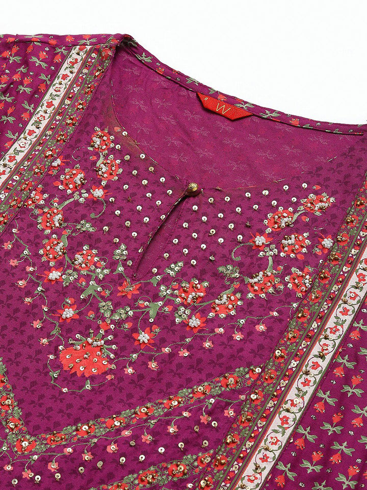 W Purple & Pink Floral Keyhole Neck Ethnic A-Line Midi Dress