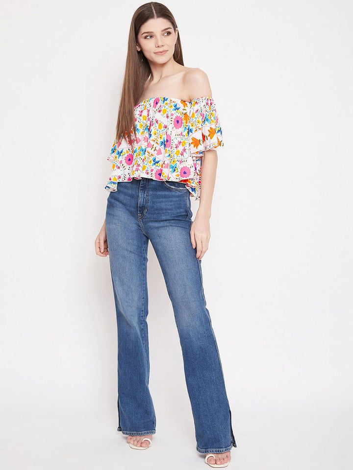 Berrylush White & Pink Floral Off-Shoulder Crepe Bardot Crop Top