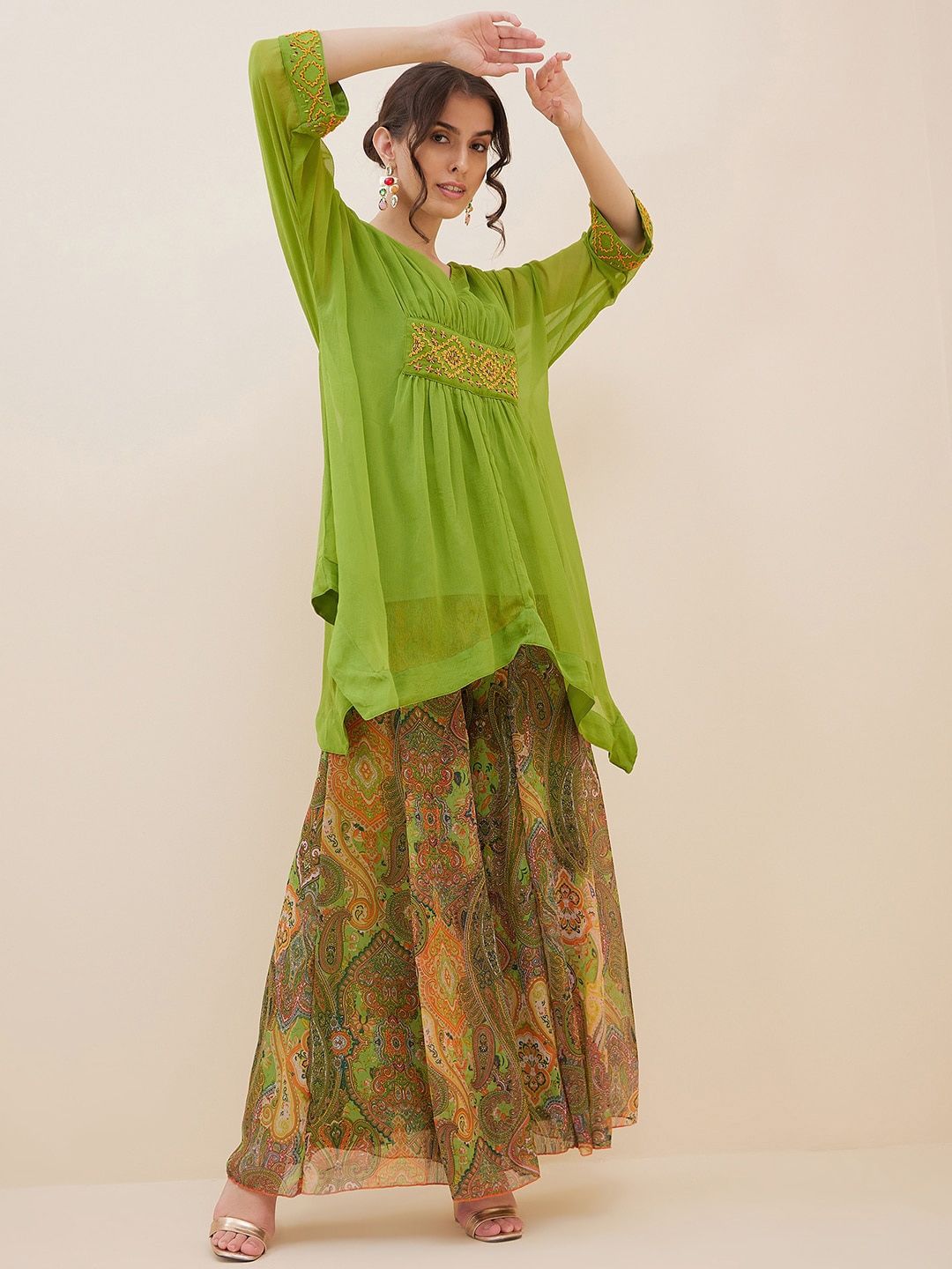Antheaa Thread Work Kaftan Top With Palazzos