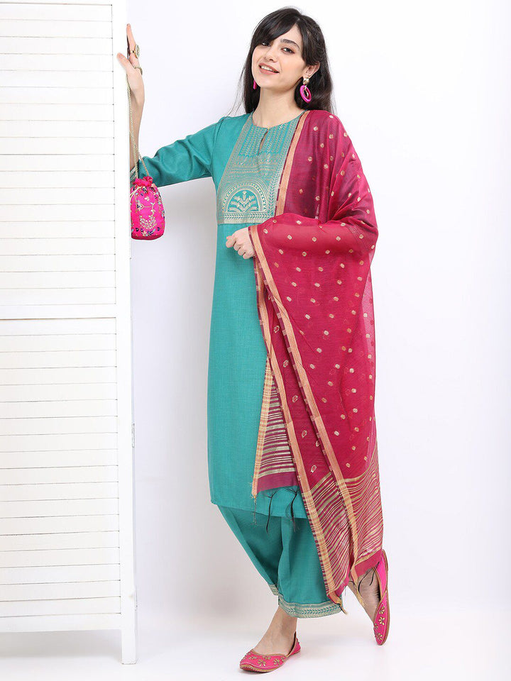 Vishudh Women Sea Green Ethnic Motifs Printed Kurta with Palazzos & With Dupatta