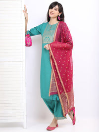 Vishudh Women Sea Green Ethnic Motifs Printed Kurta with Palazzos & With Dupatta