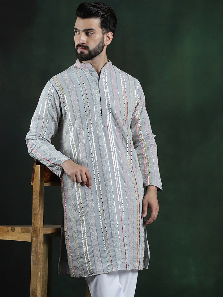 SOJANYA LUXE Striped Mandarin Collar sequinned mirror embroidered Georgette A-Line Kurta