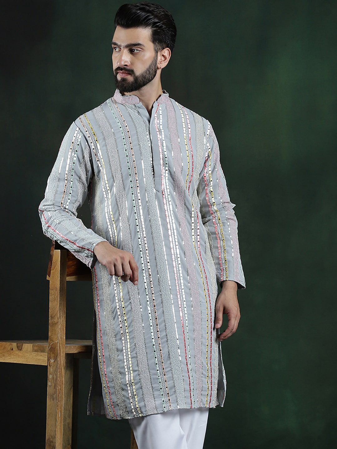 SOJANYA LUXE Striped Mandarin Collar sequinned mirror embroidered Georgette A-Line Kurta