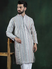 SOJANYA LUXE Striped Mandarin Collar sequinned mirror embroidered Georgette A-Line Kurta
