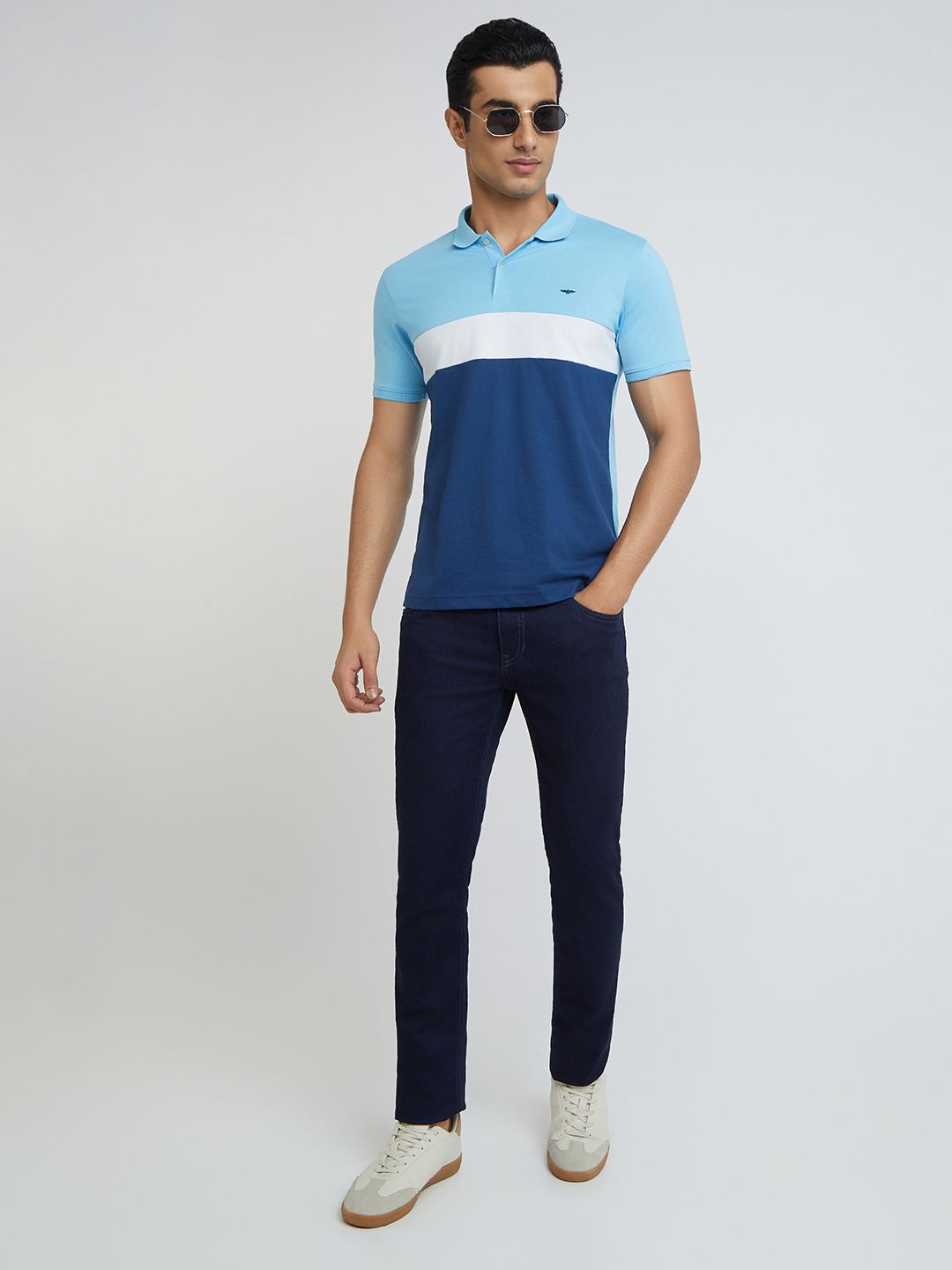 Park Avenue Men Blue & White Colourblocked Polo Collar Slim Fit T-shirt