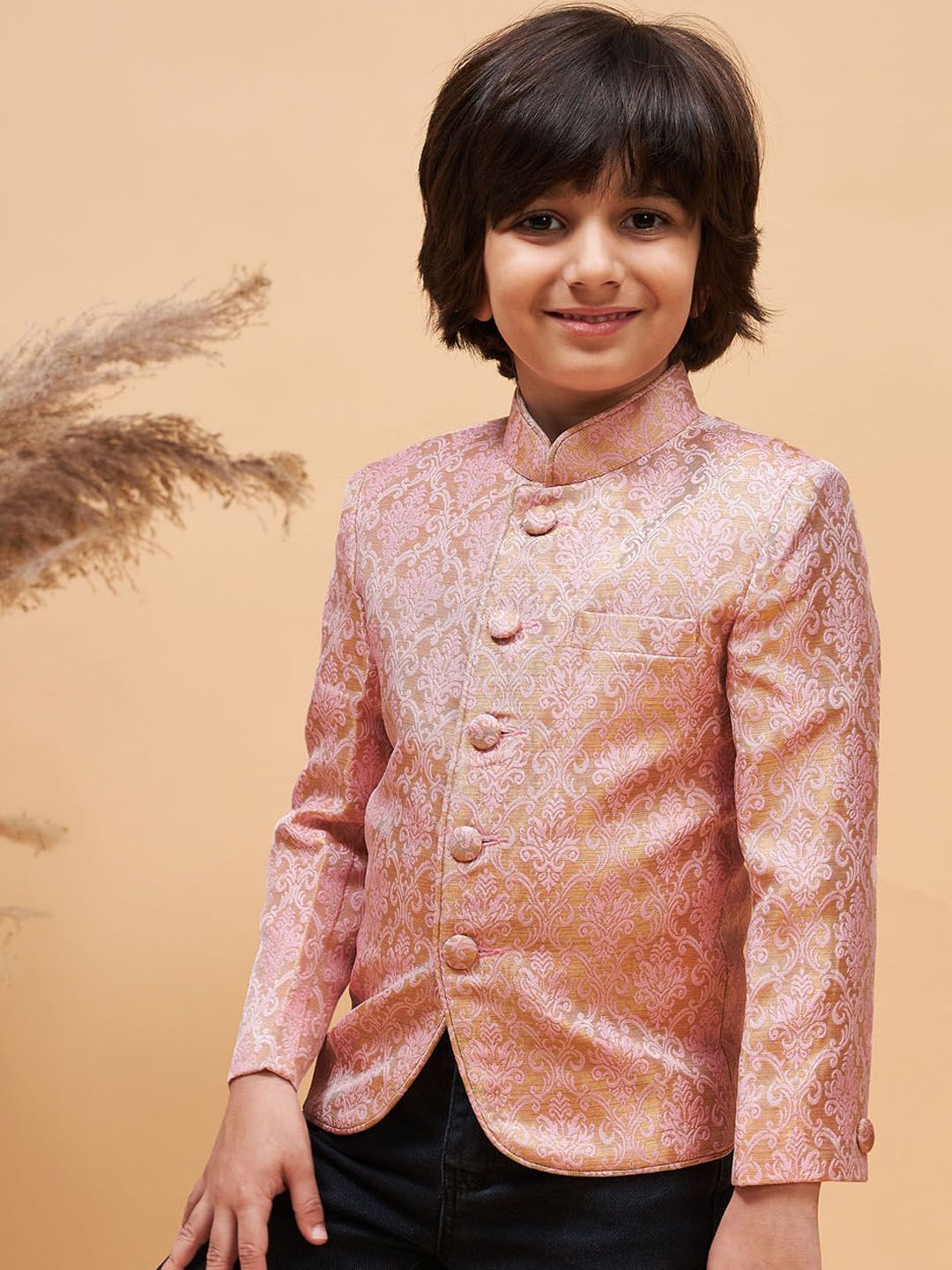 VASTRAMAY Boys Self Design Mandarin Collar Slim-Fit Silk Bandhgala Blazer