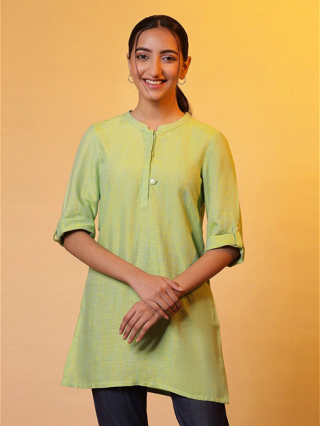 AURELIA Mandarin Collar Roll-Up Sleeves Pure Cotton Kurti