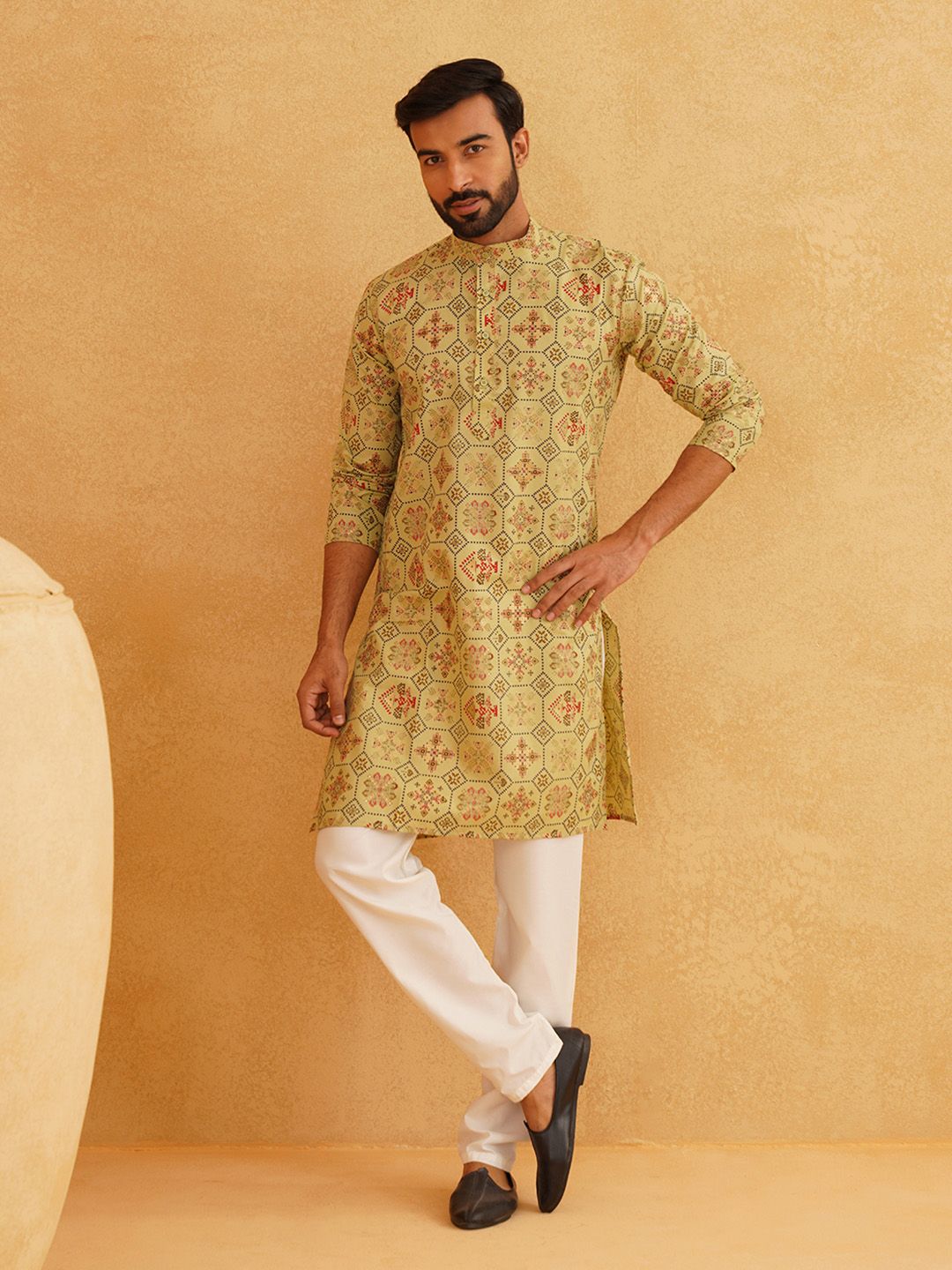 SOJANYA Geometric Printed Band Collar Leher Regular Cotton Straight Kurta