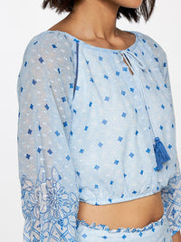 Global Desi Printed Tie-Up Neck Puff Sleeves Top with Trousers