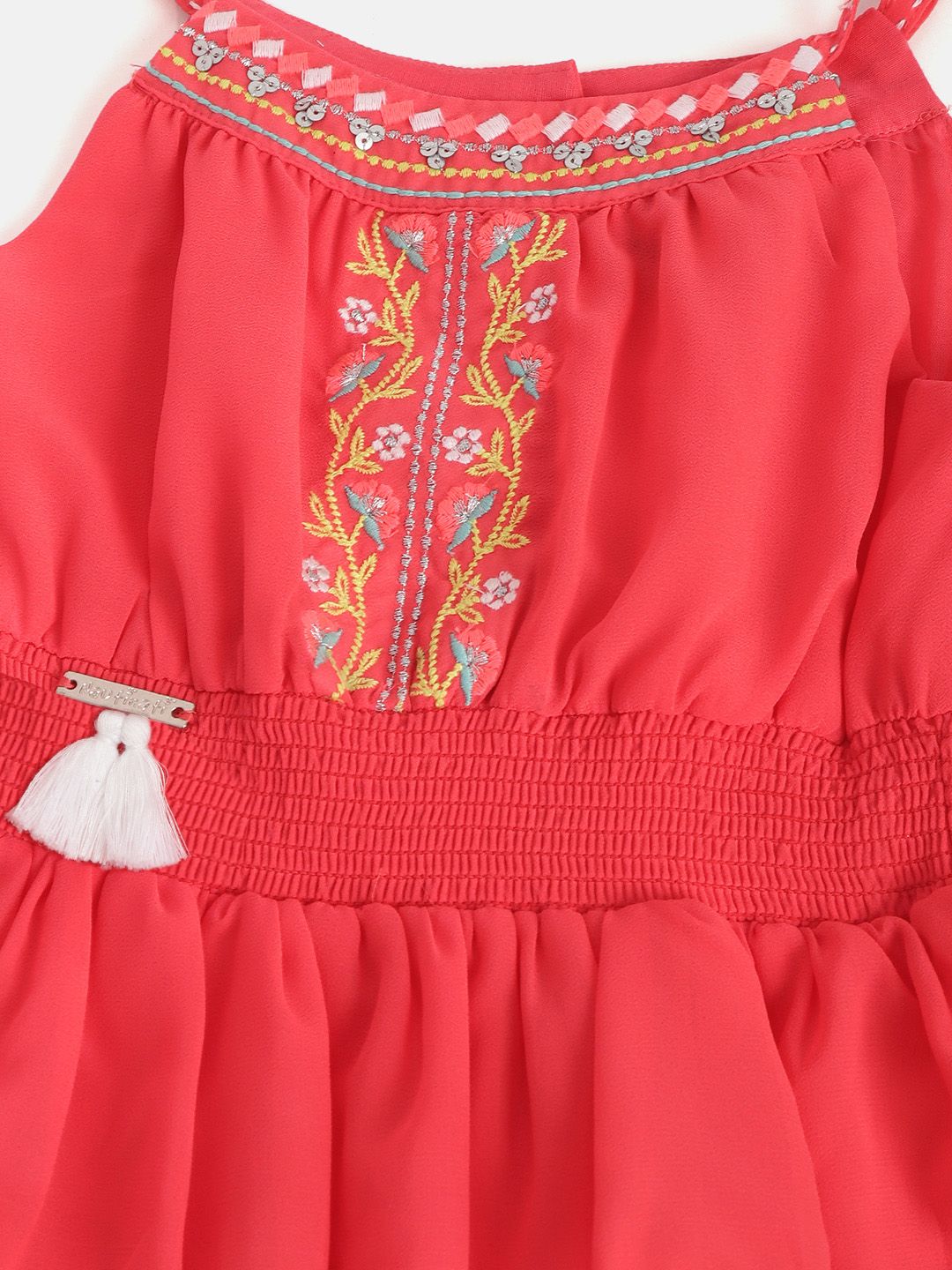 Nauti Nati Girls Coral Pink Solid Tiered Fit & Flare Dress with Briefs