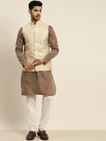 SOJANYA Motif Etnik Rekaan Tenun Kurta Kolar Mandarin Dengan Piyama & Jaket Nehru